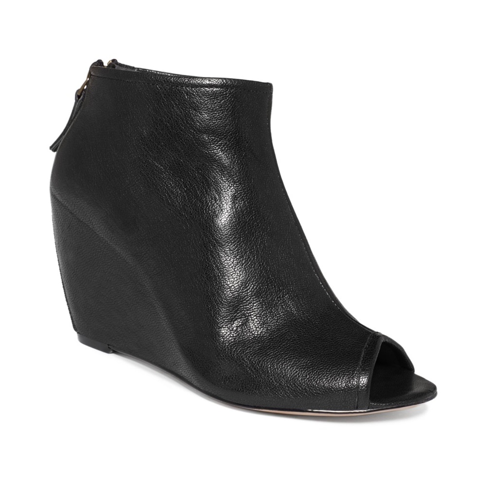 Nine West black leather peep toe bootie wedge